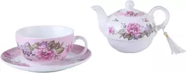 Arbata vienam, arbatinuko puodelio rinkinys, shabby chic flora, paukštis, rožė, drugelis, porcelianinė dovanų dėžutė (rožinė)