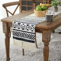 Juodai baltas boho stiliaus stalo takelis, atsparus vandeniui linas su kutais, retro rašto piešinys, tinkamas valgomojo stalui, vestuvėms, sodui (juodai baltas raštas, 40x180 cm)
