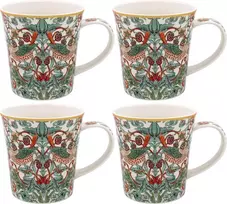 Lesser & Pavey William Morris Baltas Strawberry Thief keramikinių puodelių rinkinys su gražiu gėlių dizainu, 2 arba 4 derantys puodeliai su dovanų dėžute (4)