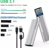 Shubeieumi m.2 nvme ir sata ssd dėklo adapteris, 10gbps m.2 ssd į usb 3.1 su 2-in-1 laidu, palaiko m-key/b+m key 2230/2242/2260/2280 ssd, be įrankių (sidabrinis)