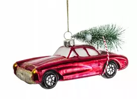Stiklinis kalėdinis žaisliukas retro automobilis eglutės dekoracija