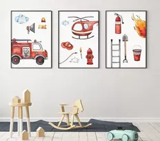 Plakatas Ag.art deco 3 plakatų rinkinys vaikų kambariui | 3 dalys A3 30 x 40 cm | gaisrinė mašina, ugniagesys | paveikslėlių rinkinys mergaitėms ir berniukams | be rėmo