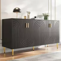 Juoda komoda (152 x 40 x 75 cm) su unikaliu bangos raštu, auksinės kojos