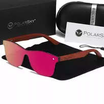 Polarsky rožiniai veidrodiniai akiniai nuo saulės su poliarizacija, Uv400 apsauga ir mediniu rėmeliu