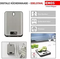 Emos - Skaitmeninės virtuvinės svarstyklės su sieniniu laikikliu - pagamintos iš nerūdijančio plieno - maksimalus svoris 10 kg, tikslumas iki 1 g - taros funkcija, lcd ekranas, su baterijomis - reguliuojamas g, kg, ml, oz, lb, tl -