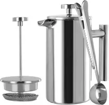 Catime Kavos aparatas 350 ml su filtru, prancūziškas presas ir kavos virimo aparatas pagamintas iš dvigubų sienelių nerūdijančio plieno, sidabrinis mažas kavos puodas, kavos presas 2 puodeliai su šaukšteliu