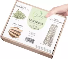 Jeebuty Premium rūkymo rinkinys, Palo Santo smilkalų mediena, šalavijų smilkalų ryšulėliai, birūs šalavijų smilkalų lapeliai, šalavijas, smilkalai