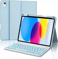 Iveoppe dėklas su klaviatūra, skirtas ipad a16 11 kartos 2025/10 kartos 2022, bluetooth magnetinė klaviatūra, skirta ipad 11-osios/10-osios kartos (11/10,9 colio), 7 spalvų apšvietimas, qwertz išdėstymo klaviatūra, mėlyna