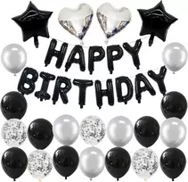 Gimtadienio dekoracija juoda sidabrinė "happy Birthday" girlianda balionai juoda dekoracija gimtadienio vyrui gimtadienio dekoracija