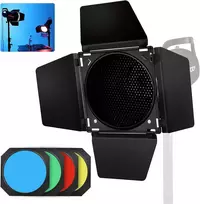 Godox bd-04 barn door metaliniai varteliai su korio tinkleliu ir 4 spalvotais gelio filtrais, suderinami su standartiniais reflektoriais bowens mount compatible godox led neewer amaran aputure led video light