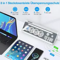 Prailginimo laidas su 2 Usb-c, 4 lizdai, kampinis, Led