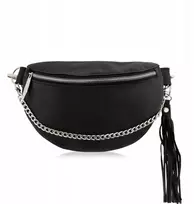 Juoda odinė moteriška "crossbody" rankinė-juosmens dėklas su grandinėle