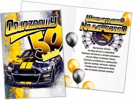 Aaron Dovana 50 gimtadienio proga vyrui, sveikinimai 50 metų jubiliejui atvirukas su automobiliu Xl