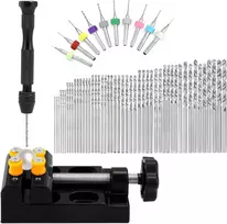 Qwork® rankinis grąžtas su spaustuvu, 60 dalių rinkinys - 48 spiraliniai grąžtai (0,5-3 mm) - 10 Pcb mini grąžtų (0,3-1,2 mm) - su spaustuvu - puikiai tinka "pasidaryk pats" medienos papuošalų gręžimui, pakabukų gamybai