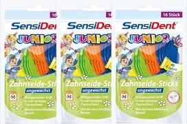3 x Sensident dantų siūlas vaikams * Sticks nevaškuotas * draugiškas vaikams 16 vienetų nuo 6 metų