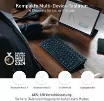 Cherry Kw 9200 Mini kompaktiška kelių įrenginių klaviatūra iki 4 įrenginių, Uk išdėstymas (qwerty), Bluetooth, 2,4 Ghz arba kabelis, įkraunama, juoda