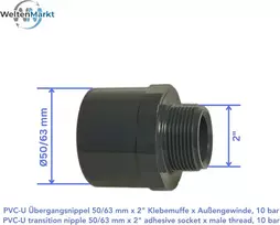 Ventiliatorius Weltenmarkt Profec Pvc-u perėjimo mova 50/63 mm x 2 coliai, lipnus lizdas/įmovos galas x išorinis sriegis, 10 barų, pilka