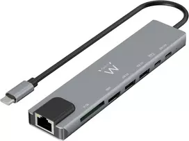 Ewent usb-c hdmi 8-in-1 šakotuvas, usb-c į doką multiport 8-in-1, usb c šakotuvas su 1000mbps ethernet, hdmi 4k, 1 usb-c pd prievadas, 1 usb-c prievadas, 2 usb-a prievadai, 1 lan prievadas, 1 sd/tf kortelių skaitytuvas, aliuminis