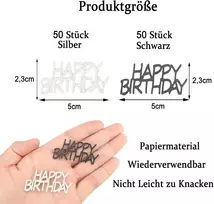 Parpix "happy Birthday" konfeti, dideli, 5 x 2,3 cm, 100 vnt., stalo dekoracija gimtadieniui, juodi sidabriniai, "happy Birthday" stalo dekoracija, blizgantys konfeti gimtadienio dekoracija, serpentinai gimtadieniui