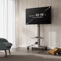 Laikiklis Fitueyes tv grindų stovas su medine lentyna, tv stovas su ratukais, reguliuojamo aukščio pasukamas stovas 32–70 colių plokščiaekraniams televizoriams iki 40 kg, maks. vesa 400 x 600