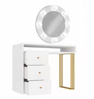 Hakano Sarano kosmetinis staliukas Klara Glamour, baltas, auksinis, apvalus veidrodis, 65 cm, su lemputėmis