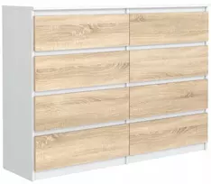Didelė Talpi Komoda 8 Stalčiai 120 cm Balta Sonoma Fasadas Miegamajam