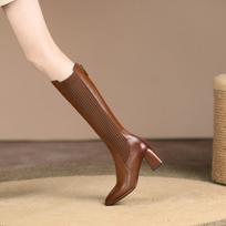 Winter Stretch Slim Women Knee-High Boots Fashion Zippers Thick Heels Shoes Female Vintage Long Booties Zapatos De Muje 35 brown