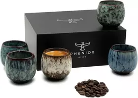 Pheniox Tibet Mini espresso puodelių rinkinys, 5 vnt., 100 ml, aukštos kokybės keramikos puodeliai, be rankenėlės, galima plauti indaplovėje, espresso, mocha, prieskonių puodeliai, dovana modernaus dizaino