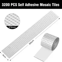 Mosaicmirror 3200 mozaikos plytelių 5 x 5 mm, veidrodinės plytelės, lipnus disko kamuolys, lipnios juostelės „pasidaryk pats“ disko kamuoliui (2 ritiniai, sidabrinės)