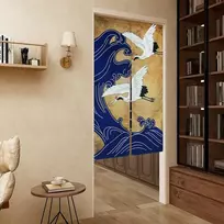 Ligicky japoniško stiliaus stora lininė noren ilga užuolaida durų užuolaida kambario pertvara gobelenas namų tekstilei, žalia, karūnuotas kranas ir banga (85 x 150 cm)