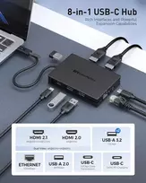 Cable Matters 8-in-1 Usb C šakotuvas su dviem Hdmi prievadais, 140w Pd įkrovimo funkcija, gigabitiniu eternetu, 10g duomenų perdavimu per 3 Usbc ir A, taip pat 1 Usb 2.0