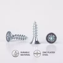 (150 vnt. pakuotė) galvanizuoto plieno 5,0 x 20 mm medvaržčiai, skirti medžio drožlių plokštėms, universalūs pozi drive varžtai pz su pilnu sriegiu, įleidžiama galvutė (150, 5,0 x 20 mm)