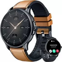 Išmanusis laikrodis sportui, atsparus vandeniui: vyriškas išmanusis laikrodis su 1.43 colių Amoled jutikliniu ekranu, apvalus, kraujo spaudimo, širdies ritmo, sportinis žingsniamatis, telefono funkcija, odinis dirželis, skirtas Android ir Ios