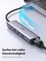 Ugreen usb šakotuvas ethernet adapteris gigabitinis lan adapteris su 3 usb 3.0 prievadais 1000mbps usb tinklo adapteris su aliuminio korpusu, pintas kabelis plug & play windows 11/10/8, mac os