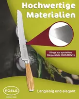Rösle Artesano duonos peilis 22 cm - aukštos kokybės duonos peilis su dantytu kraštu, virtuvinis peilis duonai, bandelėms ir bagetei, aštrus pjaustymo peilis su ergonomiška alyvmedžio medienos rankena
