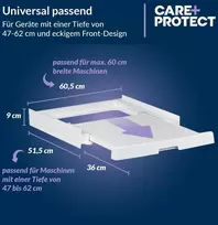 Care+protect universalus tarpinis rėmas su ištraukiama baze skalbimo mašinoms ir džiovyklėms, tinkamas prietaisams, kurių gylis 47–62 cm, vietą taupantis, baltas, kvadratinis priekis