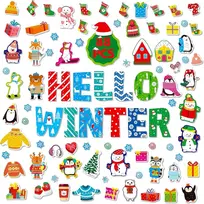 88 dalių linksma žiemos dekoracija, hello winter pingvinų pirštinės, senis besmegenis, snaigė, iškarpos, skelbimų lentos dekoras, storas kartono rinkinys klasei, durims, langui, kalėdinei žiemos šventei