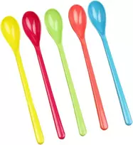 5 vnt. spalvingų plastikinių šaukštelių, mielų ilgų maišymo šaukštelių uogienei, medui, kavai, spalva atsitiktinė