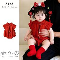 Baby Girl Red Summer Romper Thin Cotton Onesie Newborn Full Moon 100 Days Ceremony Dress Catch Week Outfit 80 red