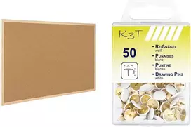 Raylu Paper® - natūrali kamštinė lenta su pušies rėmu, skelbimų lenta su montavimo rinkiniu (60 x 40 cm) ir Tsi 48088 smeigtukų pakuotė, 50 vnt., balta, 10 mm