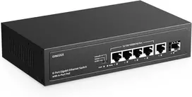 Šakotuvas Yulinca 6 prievadų gigabitinis poe jungiklis, 4 poe 1 uplink 1 sfp, 100/1000mbps, ieee802.3af/at, max 65w, prievado pagrindu veikiantis vlan, 250m poe plėtinys, be ventiliatoriaus nevaldomas ethernet jungiklis