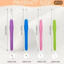 4 dalių nėrimo vąšelių rinkinys, ergonomiškas metalinis nėrimo vąšelis su spalvinga silikonine rankena, 14 cm, ypač ilgi nėrimo vąšeliai 4 dydžių (2 mm, 3 mm, 4 mm, 5 mm) mezgimo virbalai pradedantiesiems