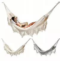 Boho hamakas su kutais, smėlio/pilkos spalvos, 200x150 cm, keliamoji galia 150 kg, sodui, terasai