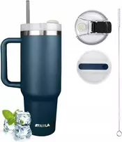 Termosas puodelis 1200ml su šiaudeliu, dangteliu ir rankena, talpus, mėlynas