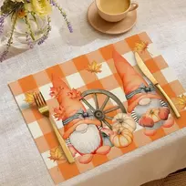 Rankšluostis Tuanmozi lininių padėkliukų rinkinys (4 vnt.) rudens motyvais, 30 x 45 cm, su moliūgais ir klevo lapais, Helovino dekoracija (01)