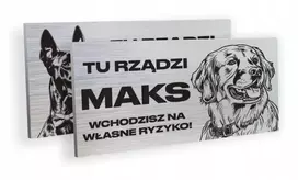 Įspėjamoji lentelė „atsargiai, čia šeimininkauja šuo vardu“ Dibond 10x20cm, įvairūs dizainai