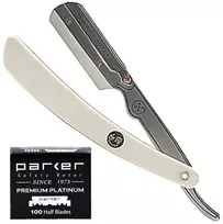 Parker Safety Razor Srw nerūdijančio plieno tiesaus krašto barzdaskutė ir 100 Shark Super Stainless peiliukų, balta