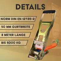 Tvirtinimo diržas su ilga svirtine terkšle ir kabliu, 50 mm pločio, 8 m ilgio, iki 5000 kg, oranžinis tvirtinimo diržas kroviniams tvirtinti su dvigubais kabliais, juosta, tvirtinimo diržas 8 m