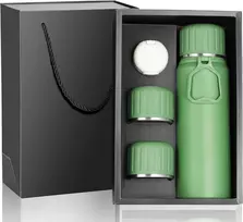 Olerd Termosas, nerūdijančio plieno gertuvė, dovanų rinkinys, 750 ml izoliuotas butelis su 3 puodeliais, nepralaidus vandens butelis kavai, arbatai, išlaiko karštą ir šaltą 6 valandas (žalias)