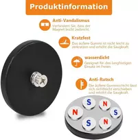 12 neodimio magnetų rinkinys, gumuoti, stiprūs gumuoti magnetai, neslystantys, 13 kg sukibimo jėga, 43 mm skersmens su M4 vidiniu sriegiu, magnetinis tvirtinimo pagrindas šviesos juostoms, guminis apvalus